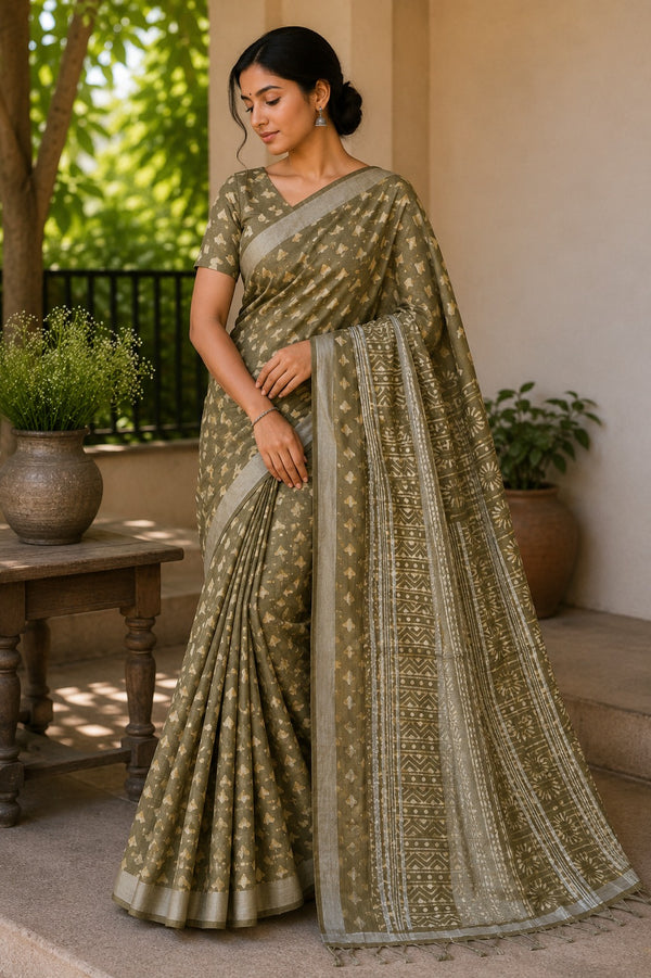 Olive Green Block Printed Linen silver zari Saree