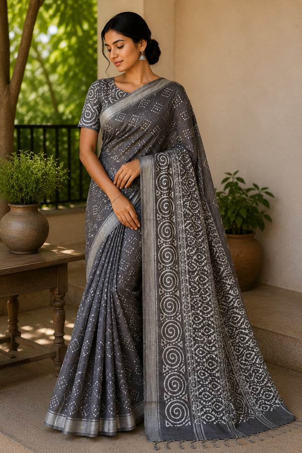 Light Grey Block Printed Linen silver zari Saree