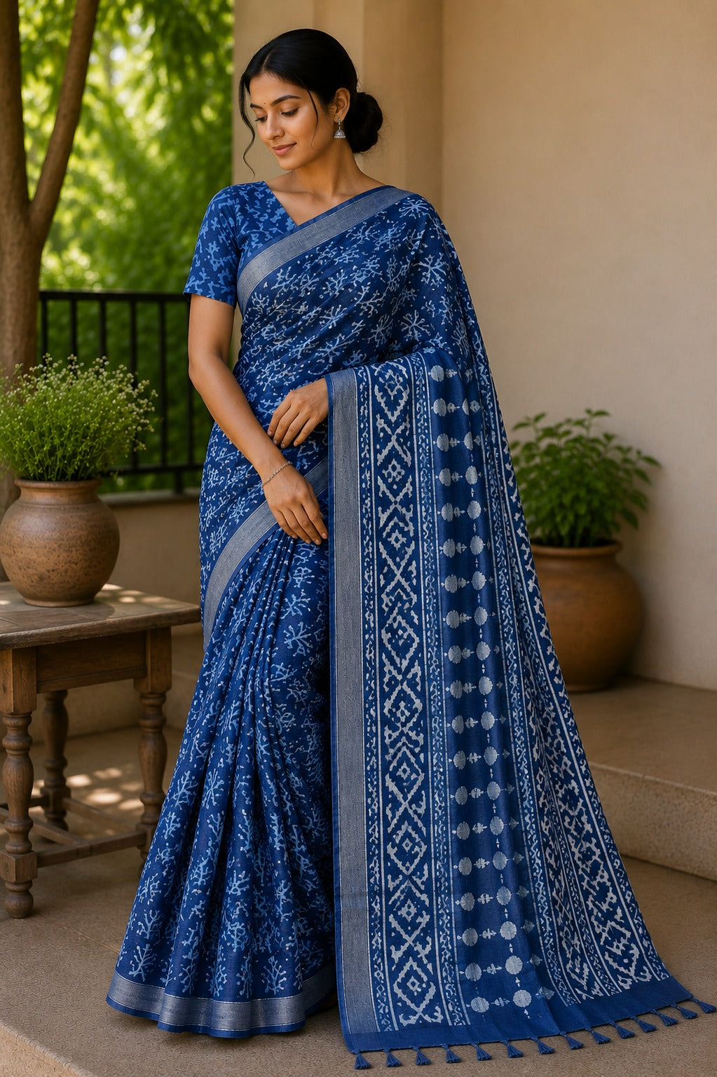 Indigo Block Printed Linen silver zari Saree