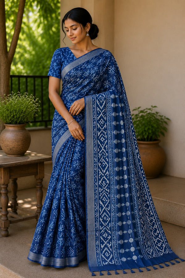 Indigo Block Printed Linen silver zari Saree