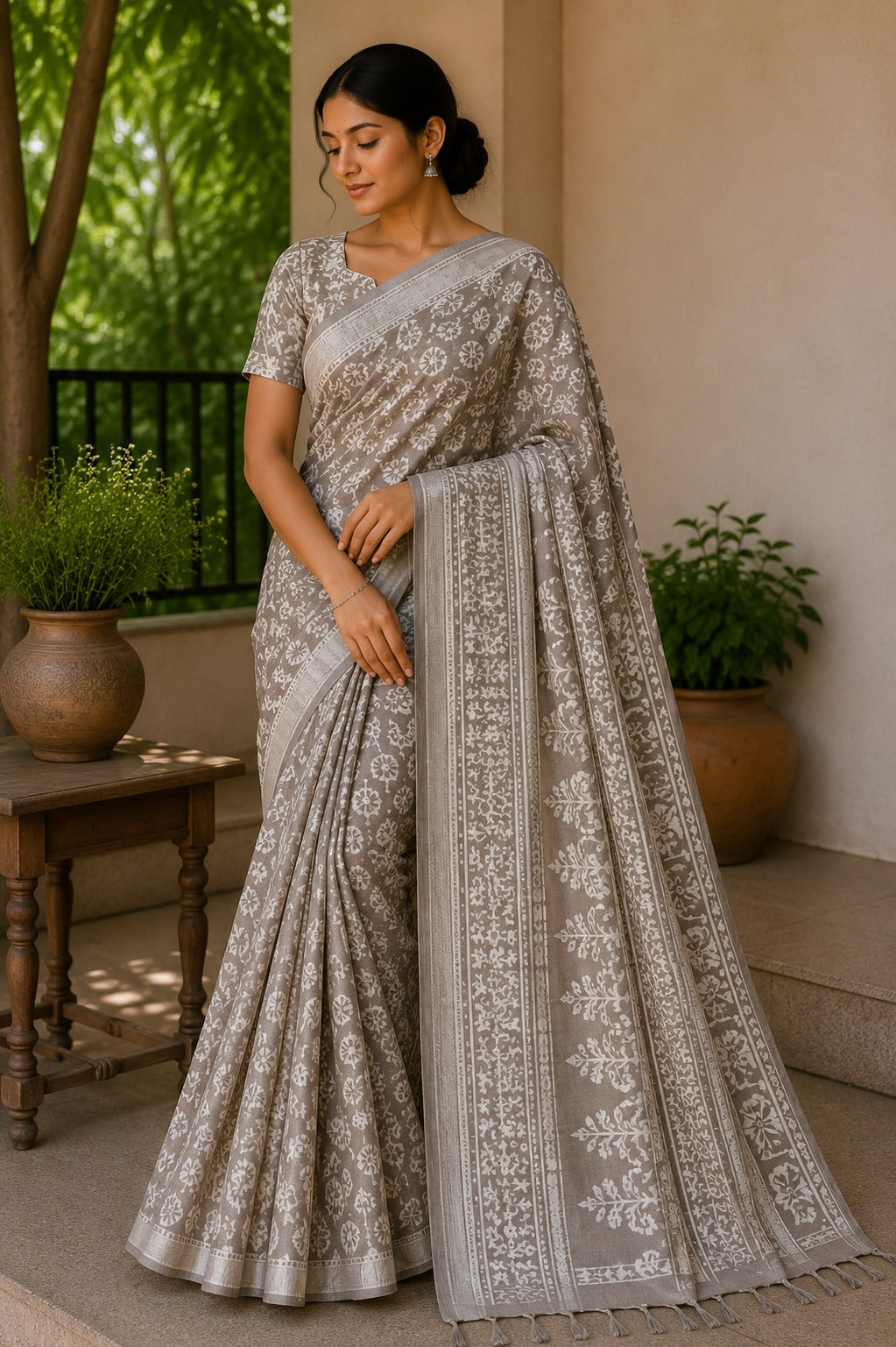 Light Grey Block Printed Linen silver zari Saree