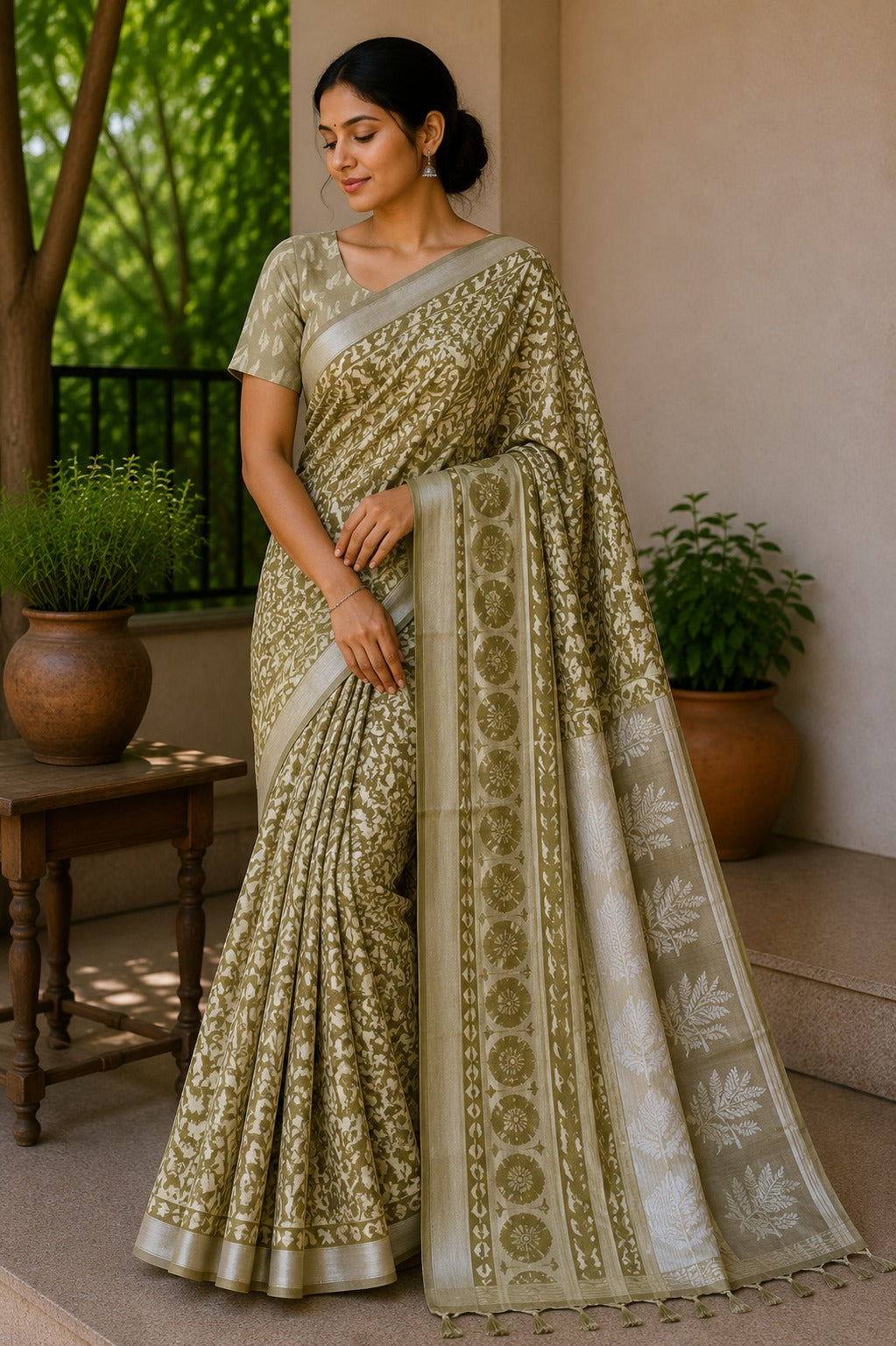 Olive Green Block Printed Linen silver zari Saree
