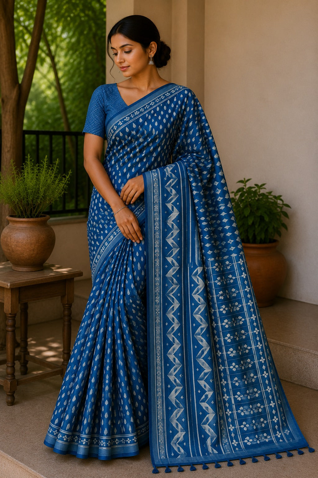 Light Blue Block Printed Linen silver zari Saree