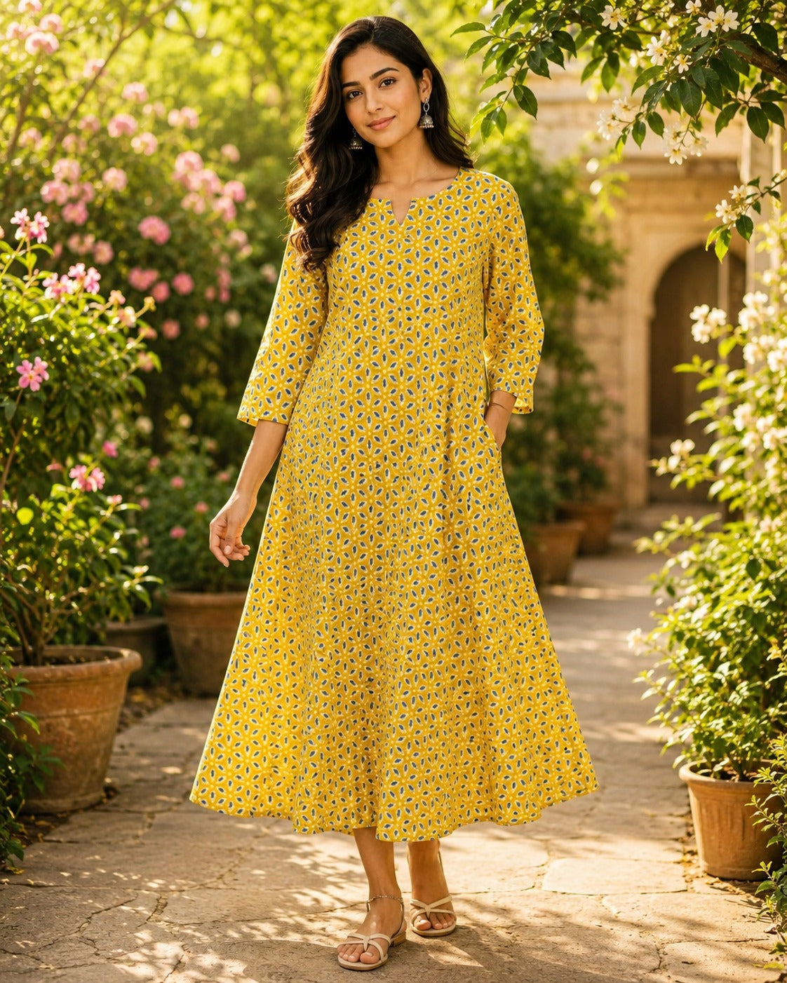 Lime Yellow Bagru Block Printed Cotton A-Line Kurta