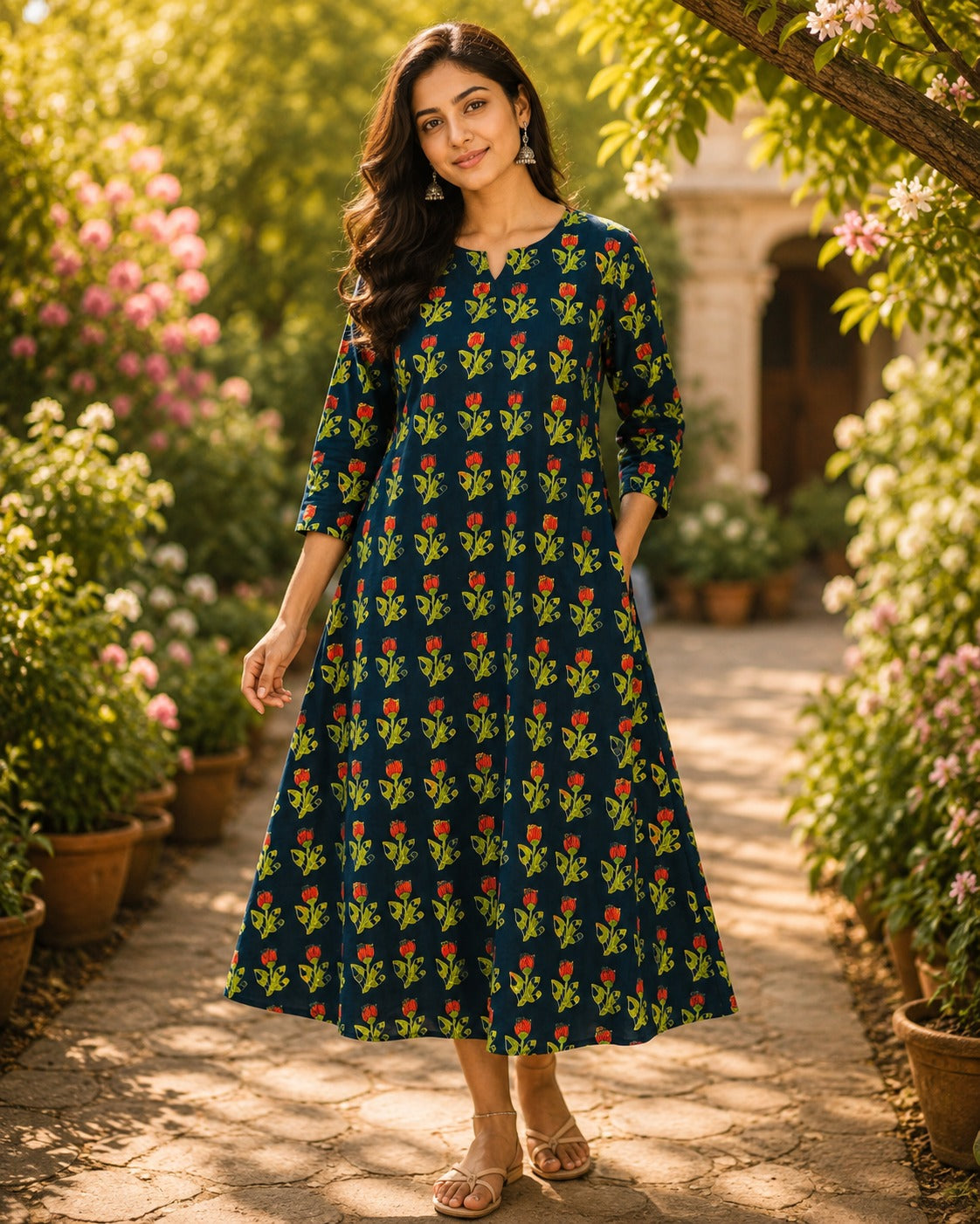 Bottle Green Jahota Cotton Block Printed A-Line Kurta