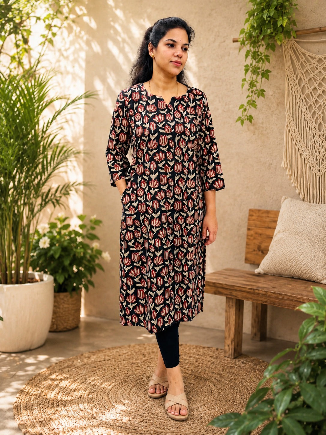 Black & Red Bagru Straight cut Kurta