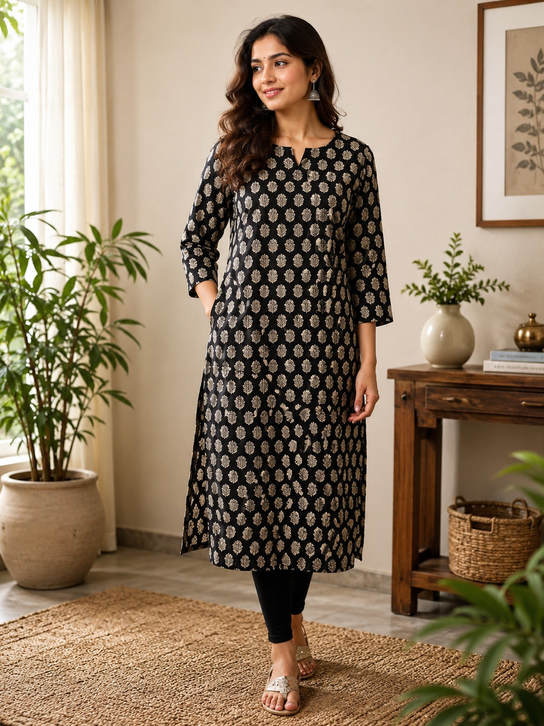 Black Bagru Straight Cut Kurta
