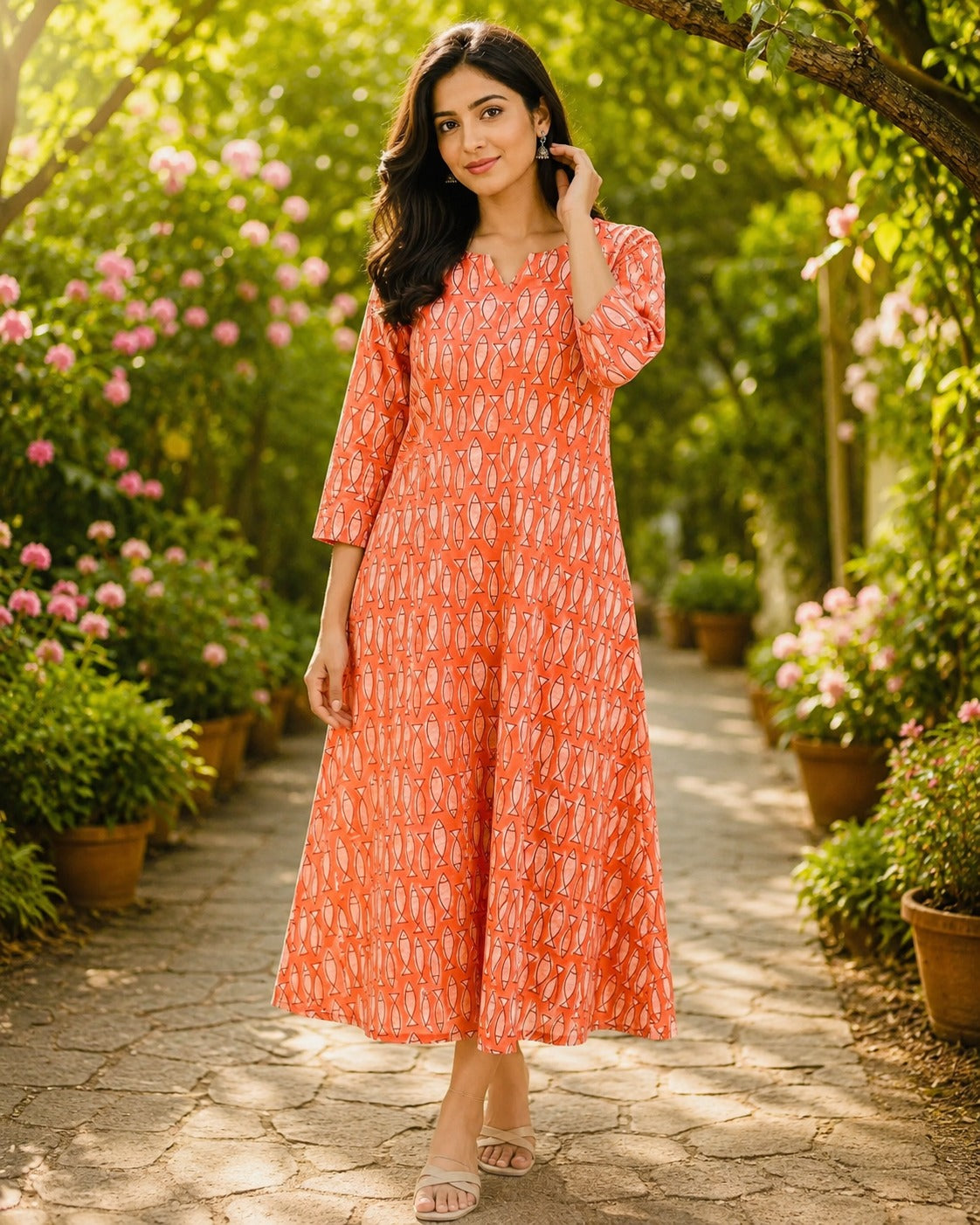 Orange Dabu Cotton Block Printed A-Line Kurta