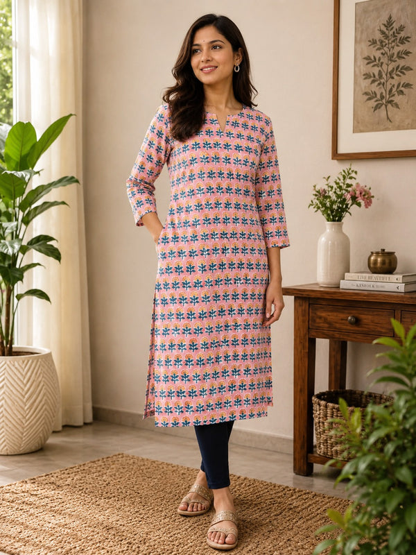 Pink Sanganeri Straight Cut Kurta With Lining