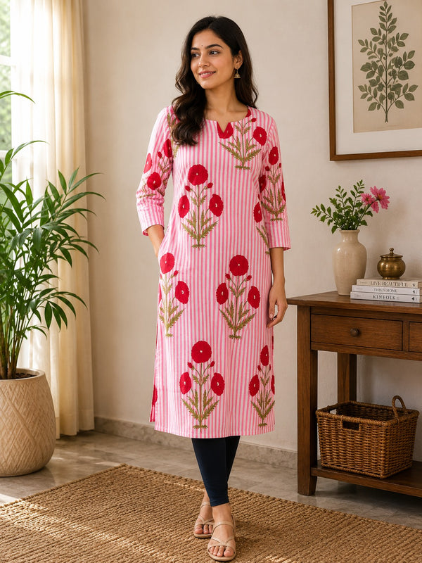 Pink Dabu Butti Straight Cut Kurta