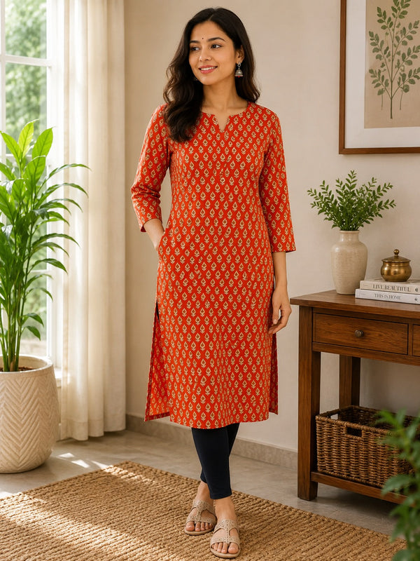 Red Bagru Straight Cut Kurta