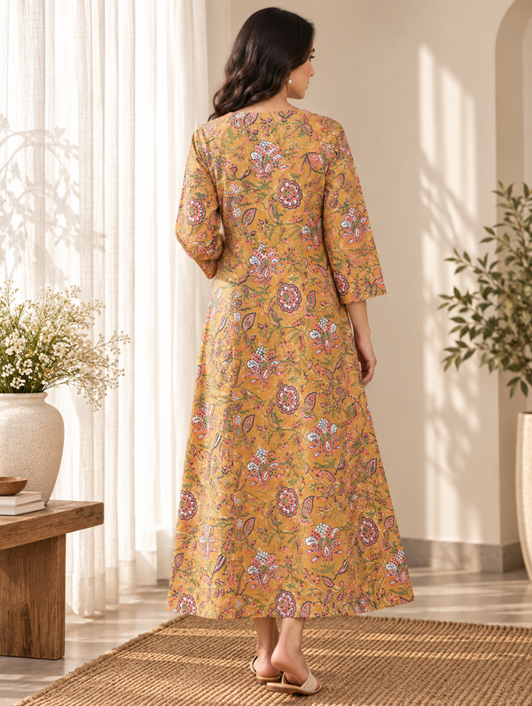 Beige Phool Jaal Sanganeri HandBlock Printed A-Line Kurta