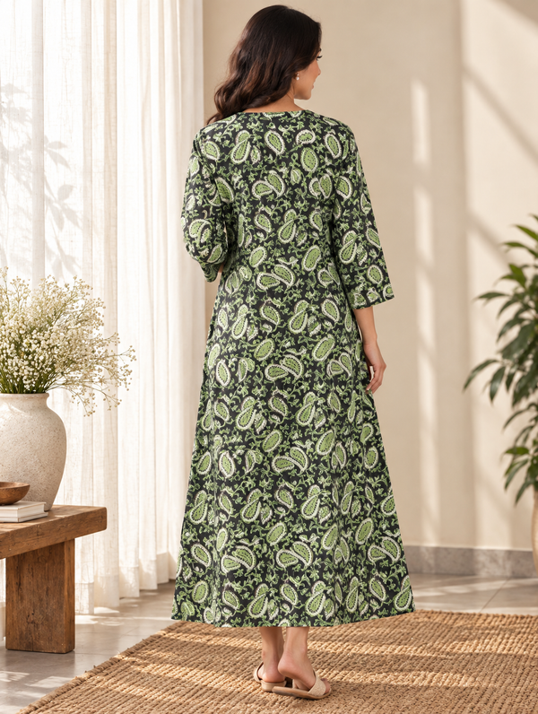 Black & Green Paisley HandBlock Printed A-Line Cotton Dress