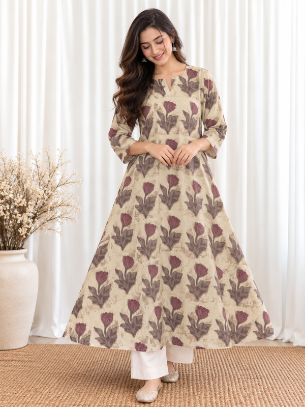 Beige Maroon Tulip Buta HandBlock Printed A-Line Cotton Kurta