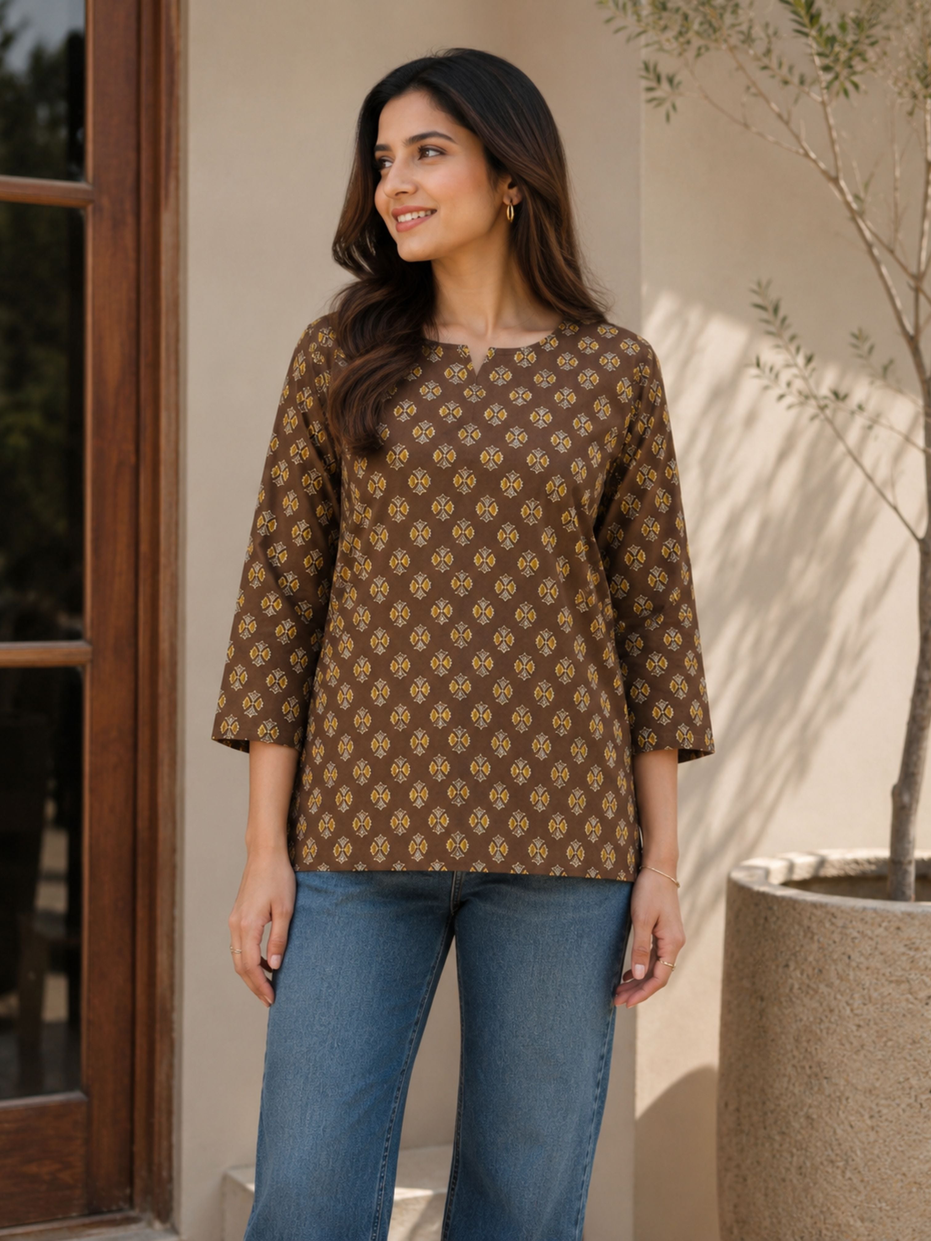 Brown Butti Cotton Short Kurta