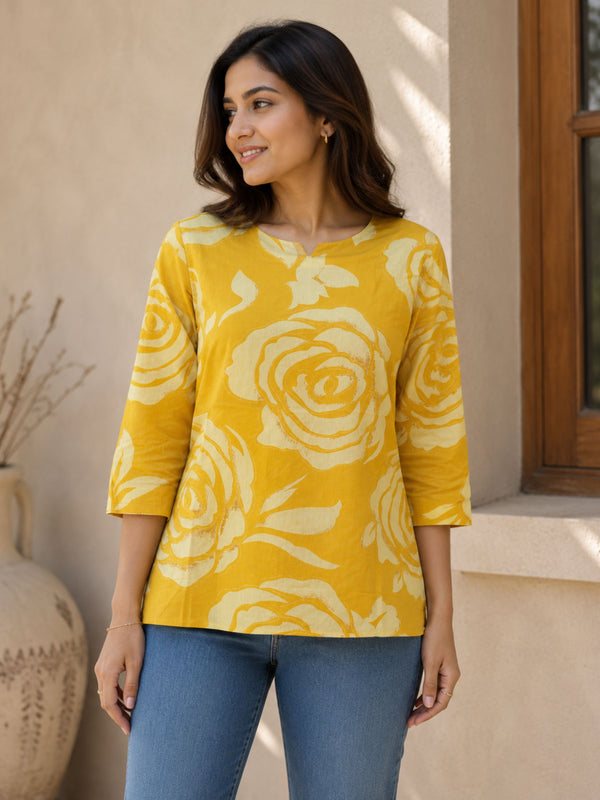 Yellow Floral Cotton Short Kurta