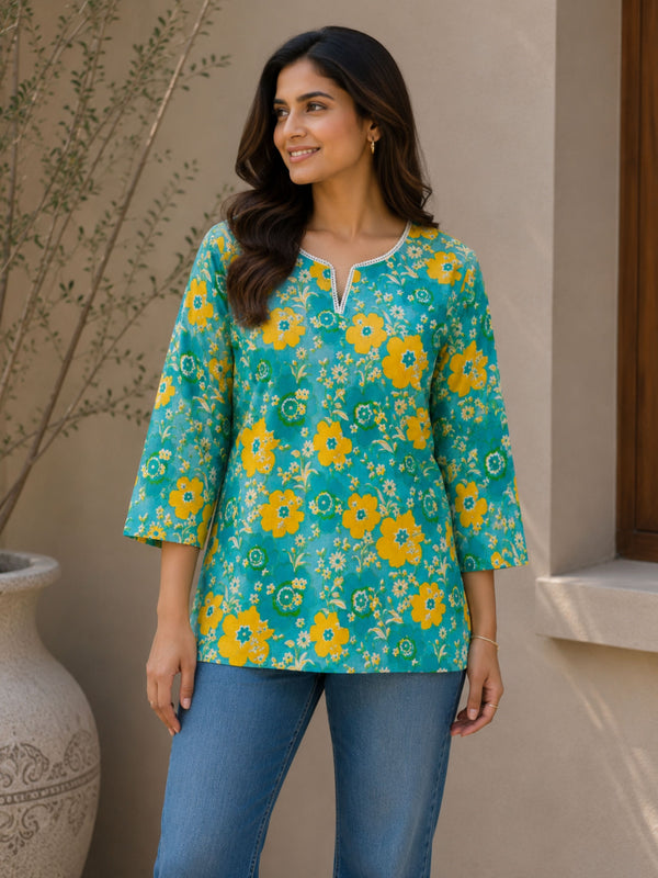 Bluish Green Floral Cotton Short Kurta