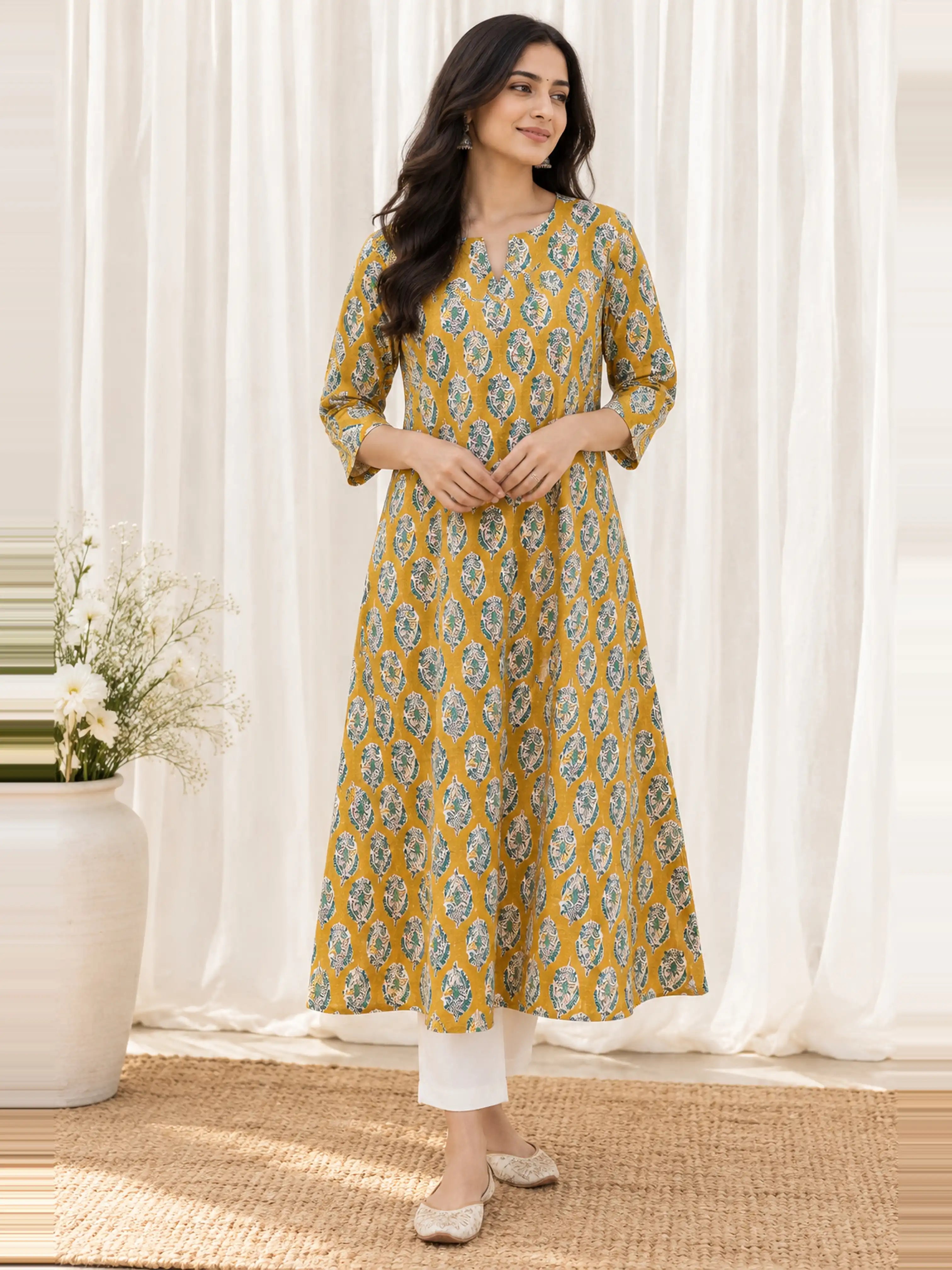 Mustard Green Floral Paisley Handblock Printed Cotton A-line Kurta