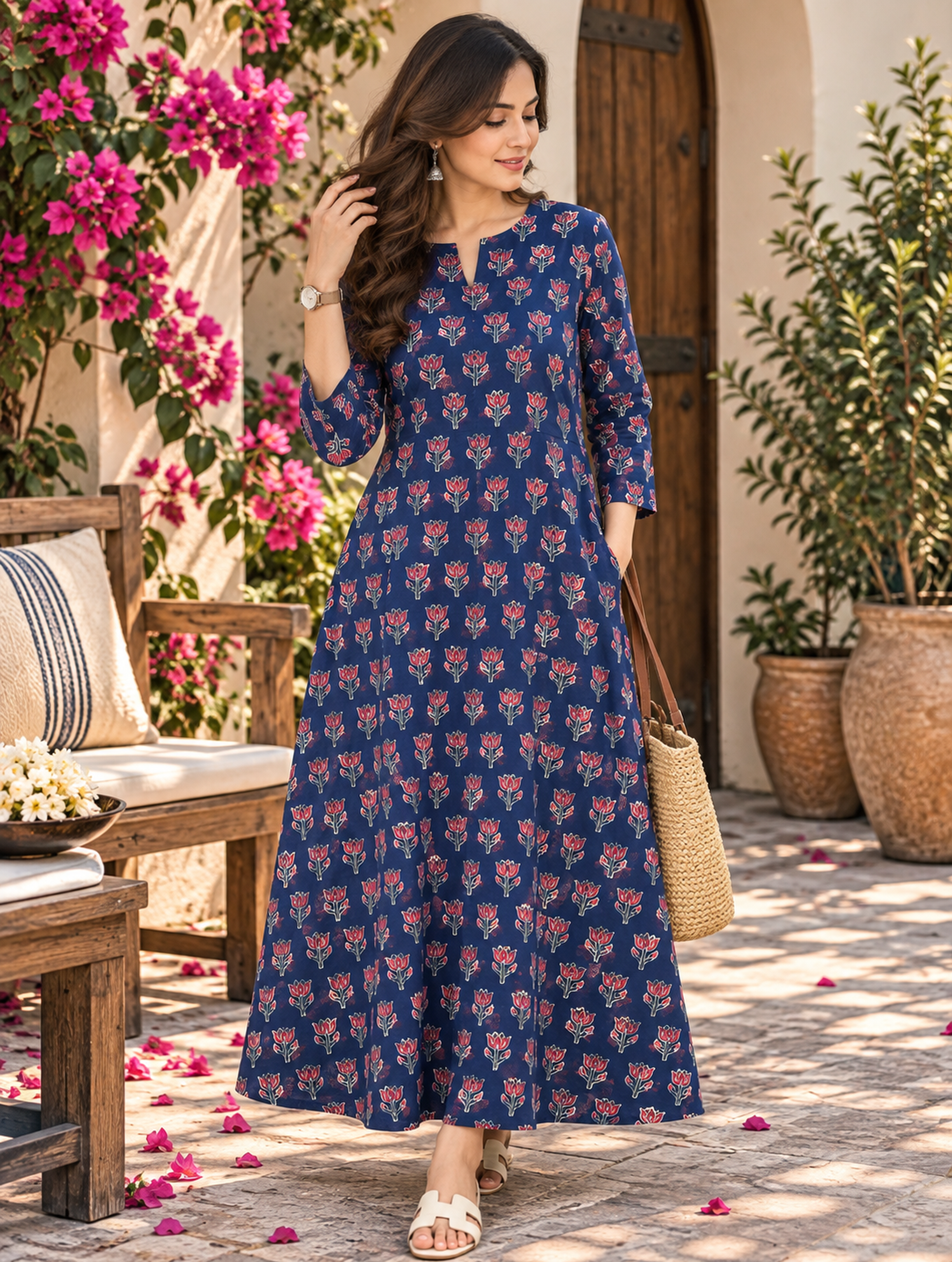 Neel Bagh Ajrakh HandBlock Printed A-Line Cotton Kurta