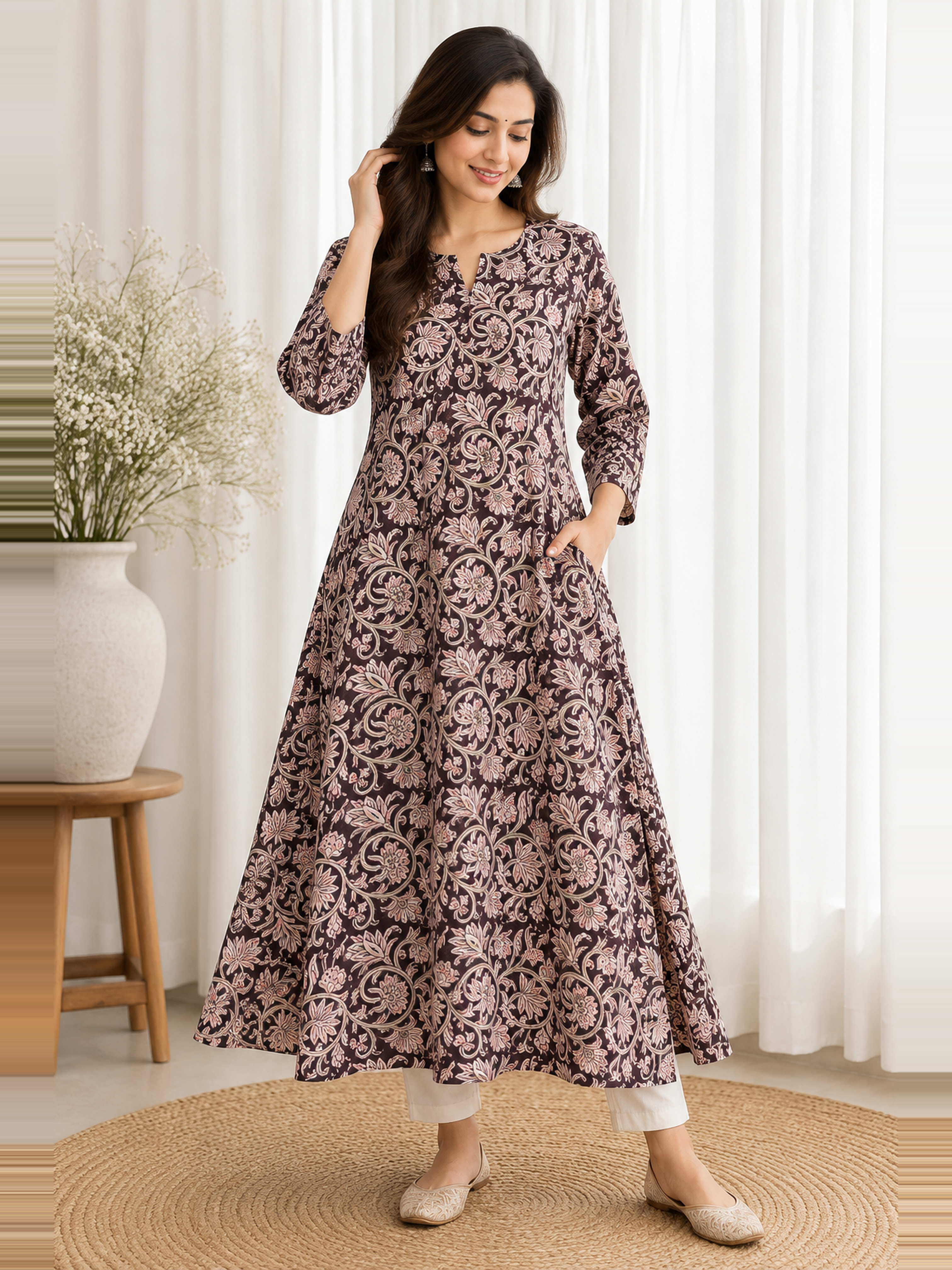 Deep Plum Floral Jaal HandBlock Printed A-Line Cotton Kurta