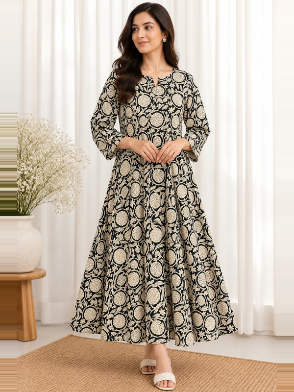 Black Beige Floral Jaal HandBlock Printed A-Line Cotton Kurta