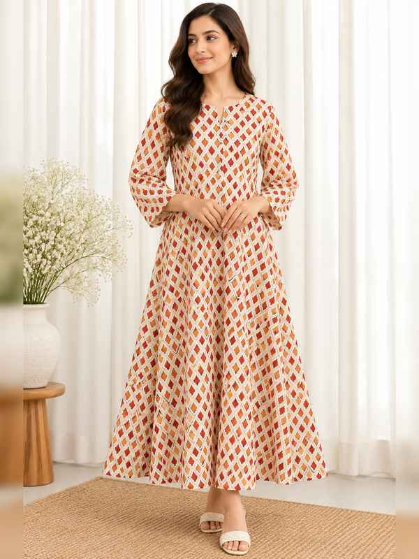 Cream Rust Diamond Ikat HandBlock Printed A-Line Cotton Kurta