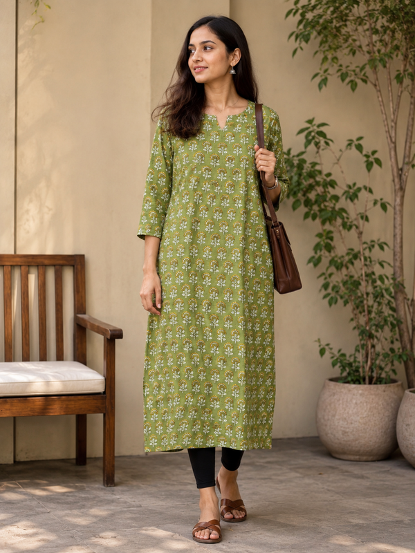 Green Sanganeri Straight Cut Kurta