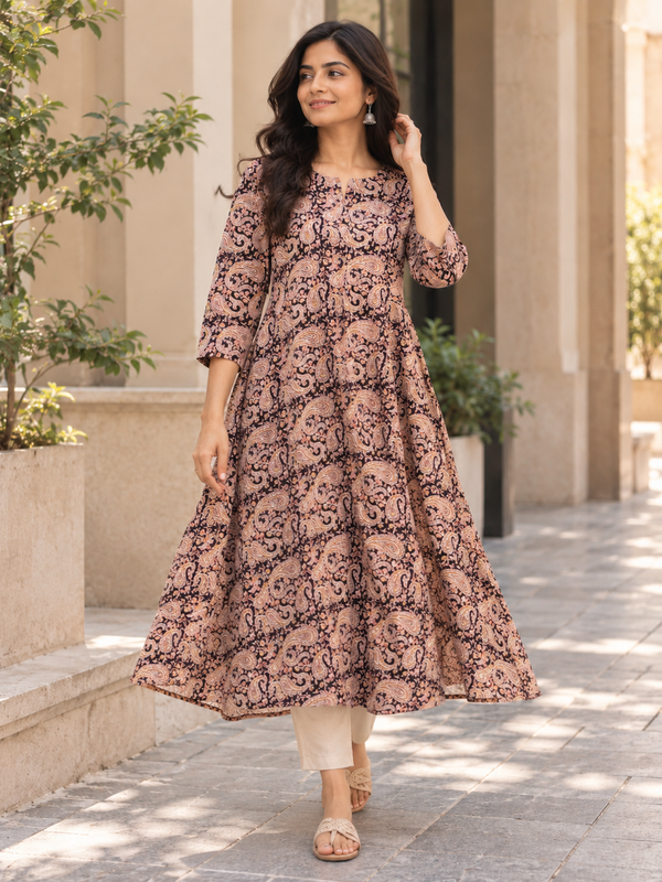 Brown Beige Paisley HandBlock Printed A-Line Cotton Kurta