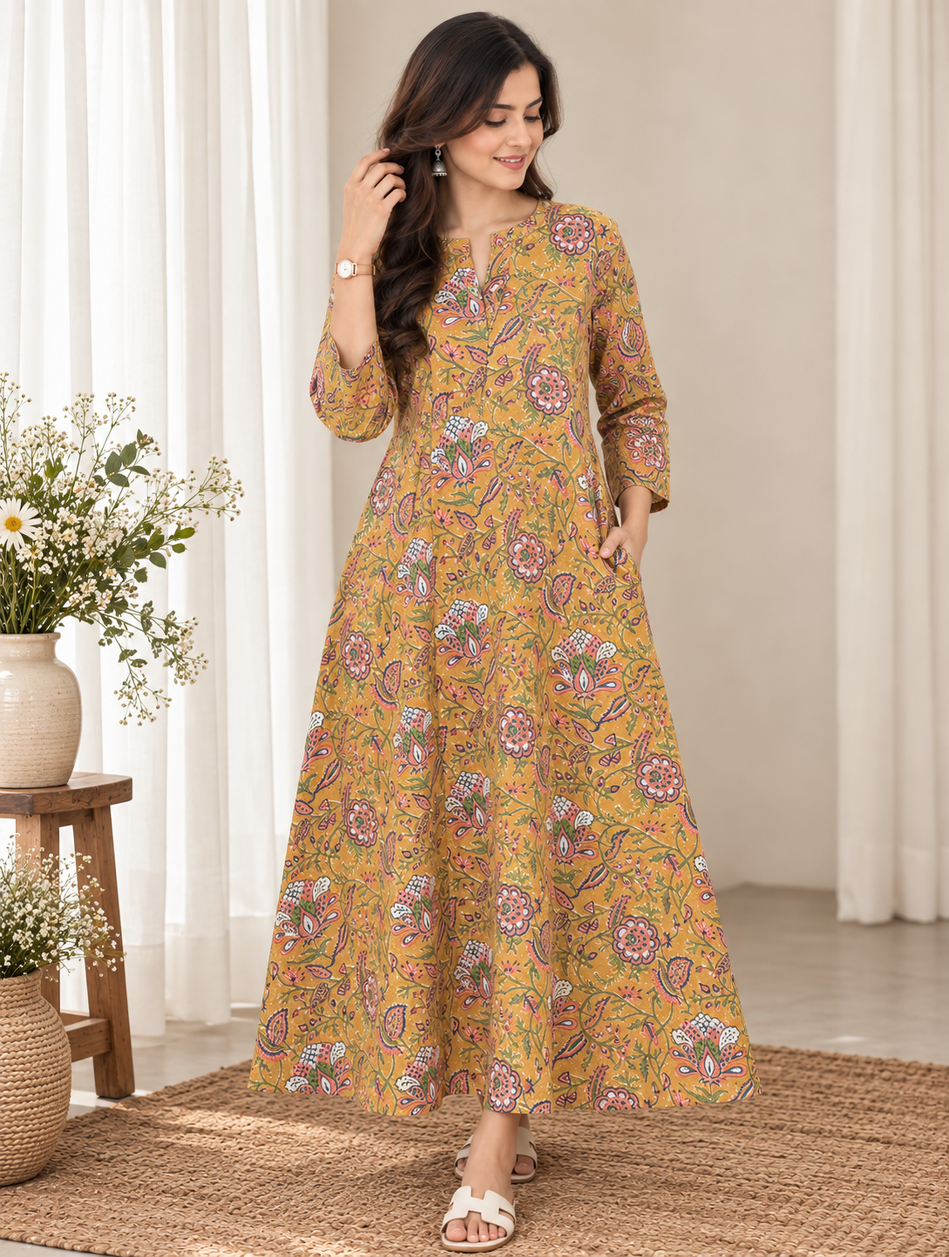 Beige Phool Jaal Sanganeri HandBlock Printed A-Line Kurta
