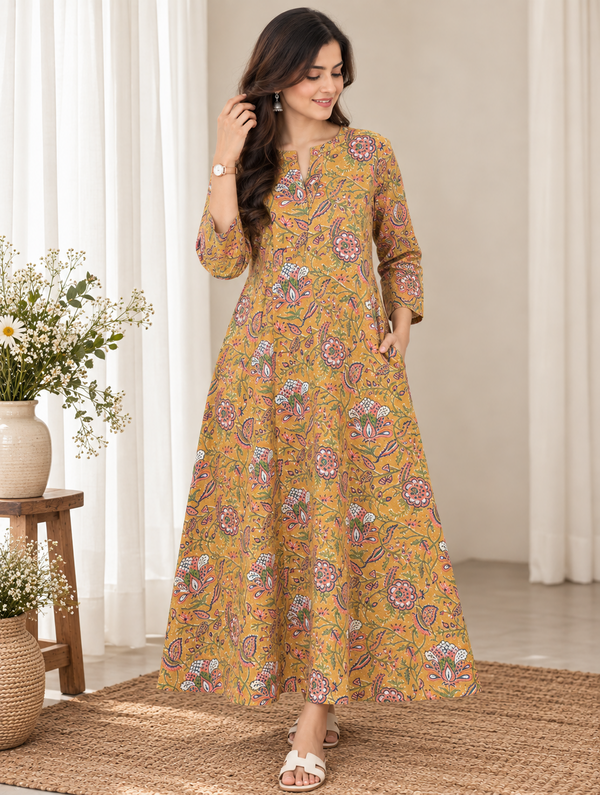 Beige Phool Jaal Sanganeri HandBlock Printed A-Line Kurta