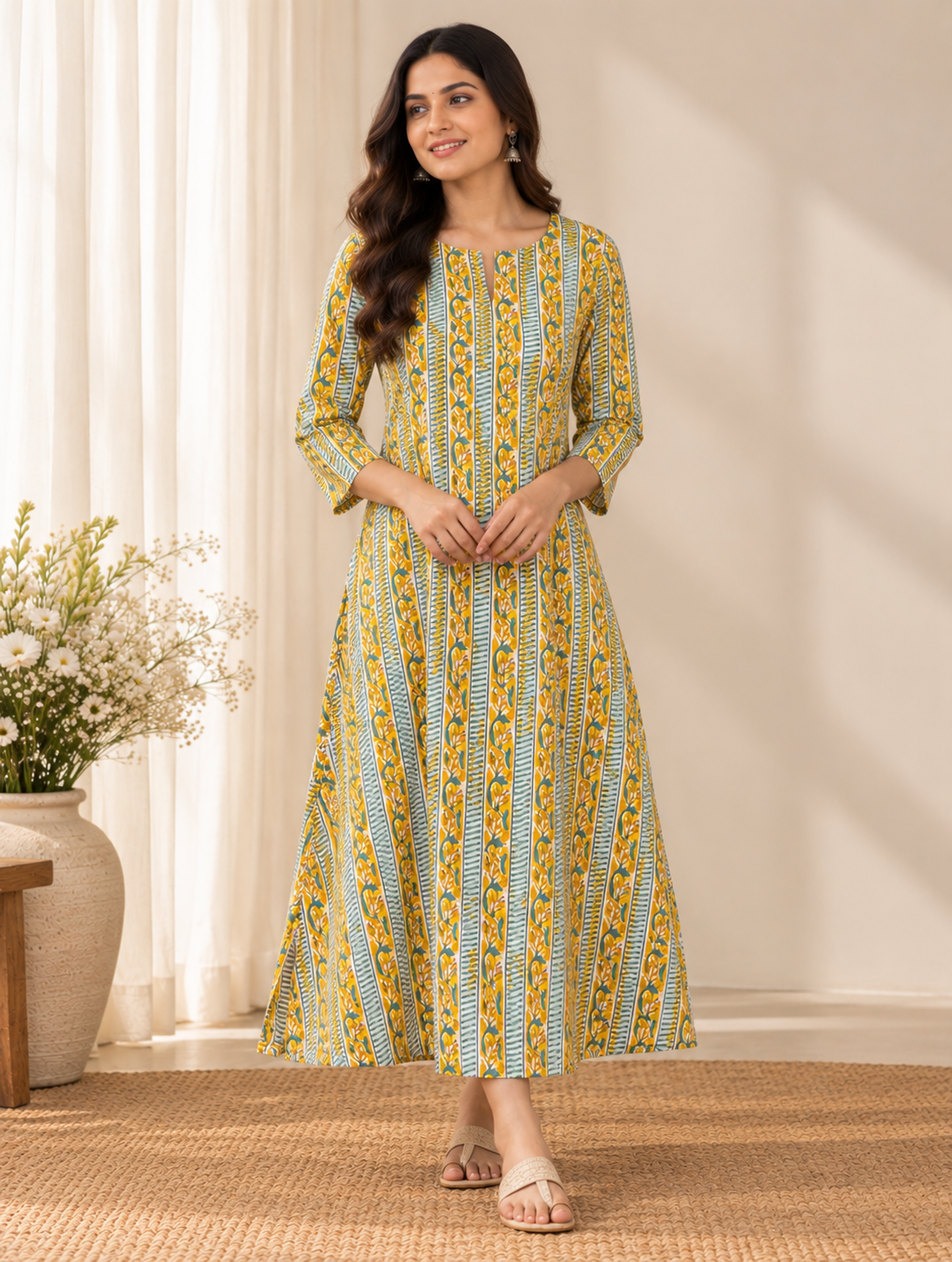 Meher - Mustard & Sage Handblock Stripe Cotton A-Line Kurta