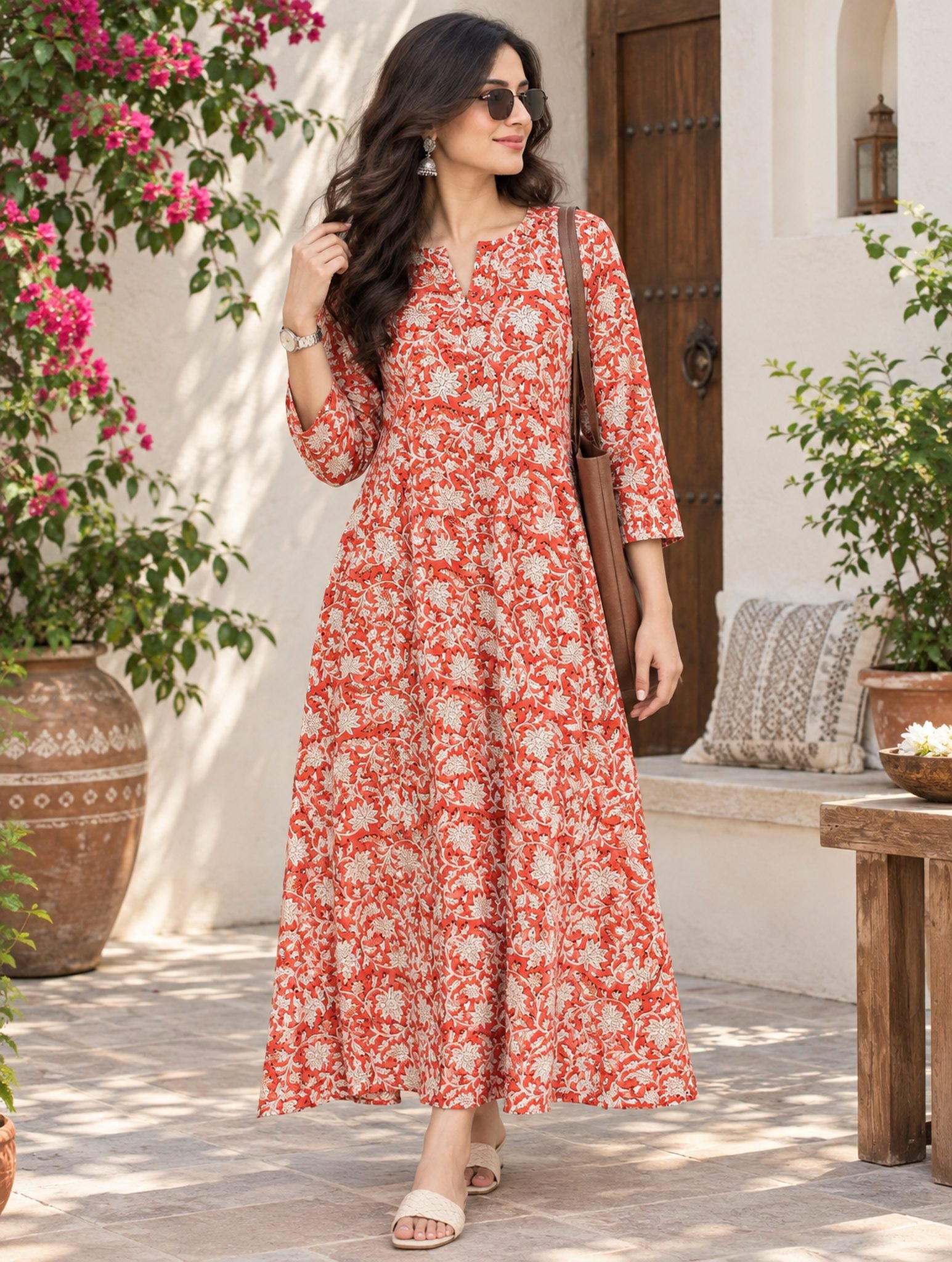 Red Tree Buti Handblock Printed A-Line Cotton Kurta