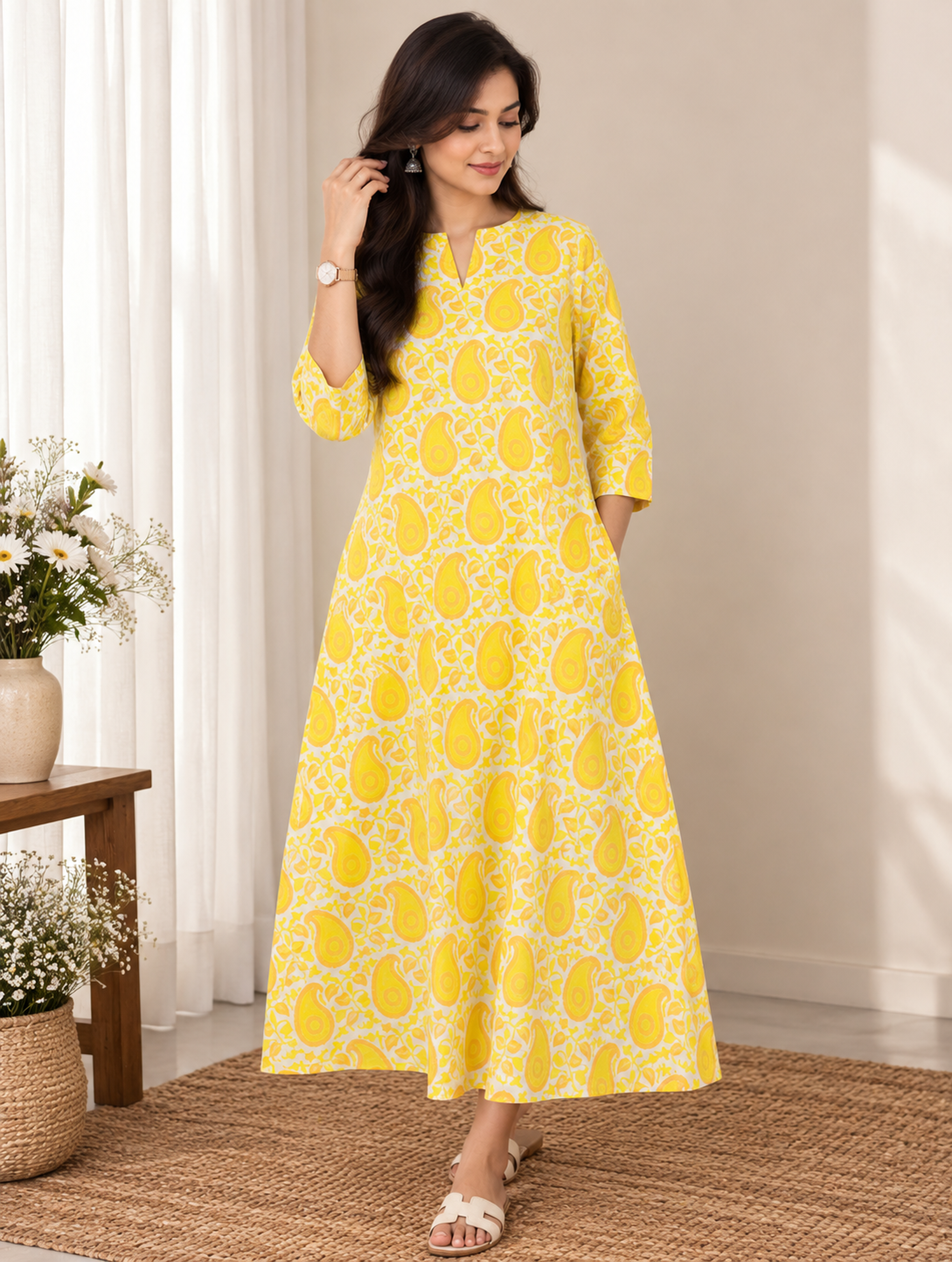 Lemon Yellow Paisley HandBlock Printed A-Line Cotton Kurta With Lining