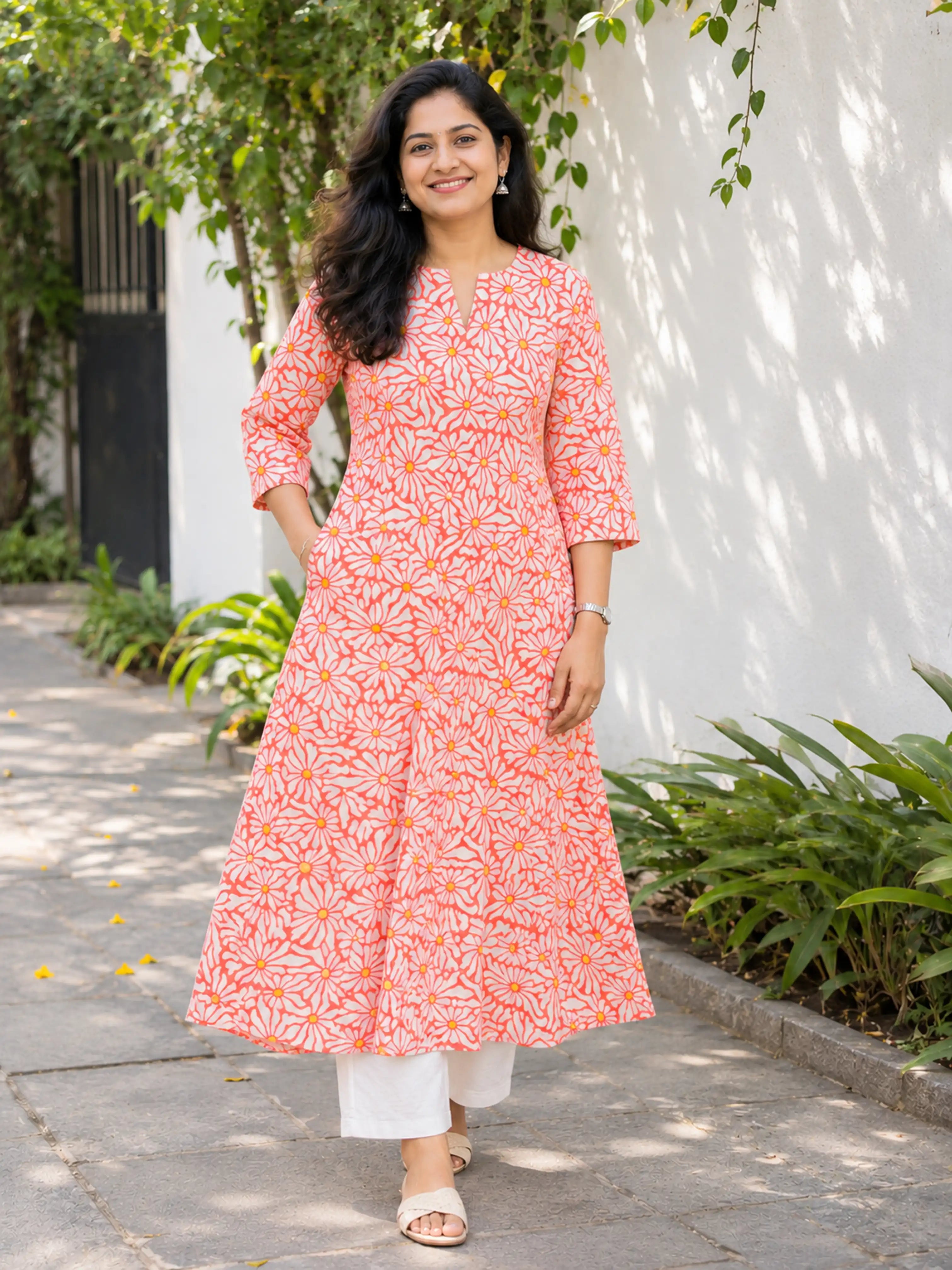Coral Daisy Handblock Printed Cotton A-line Kurta With Lining