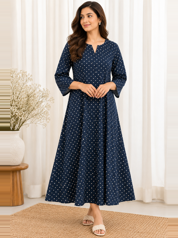 Midnight Black Polka Dot HandBlock Printed A-Line Cotton Kurta