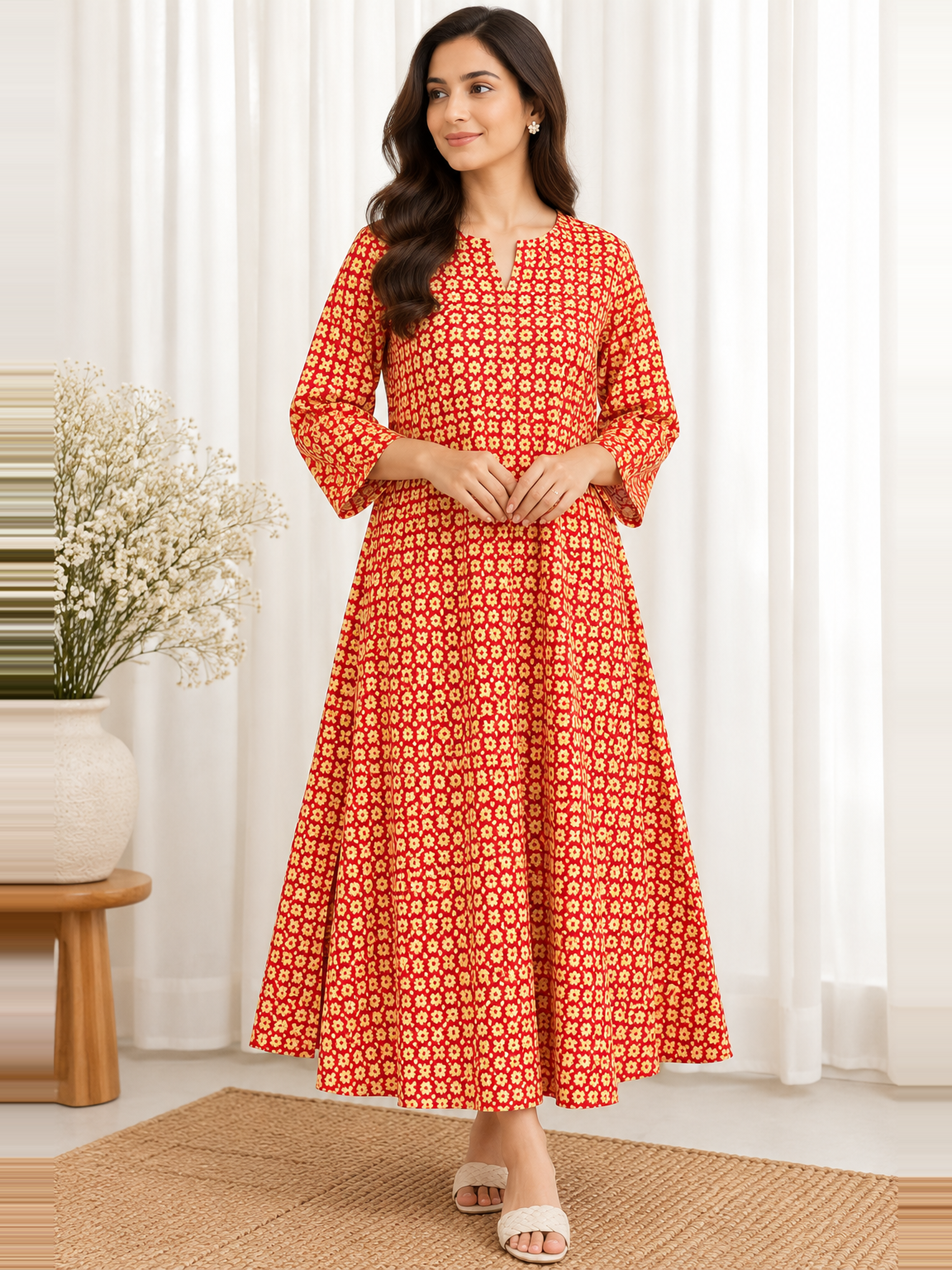 Sindoori Bloom HandBlock Printed A-Line Cotton Kurta