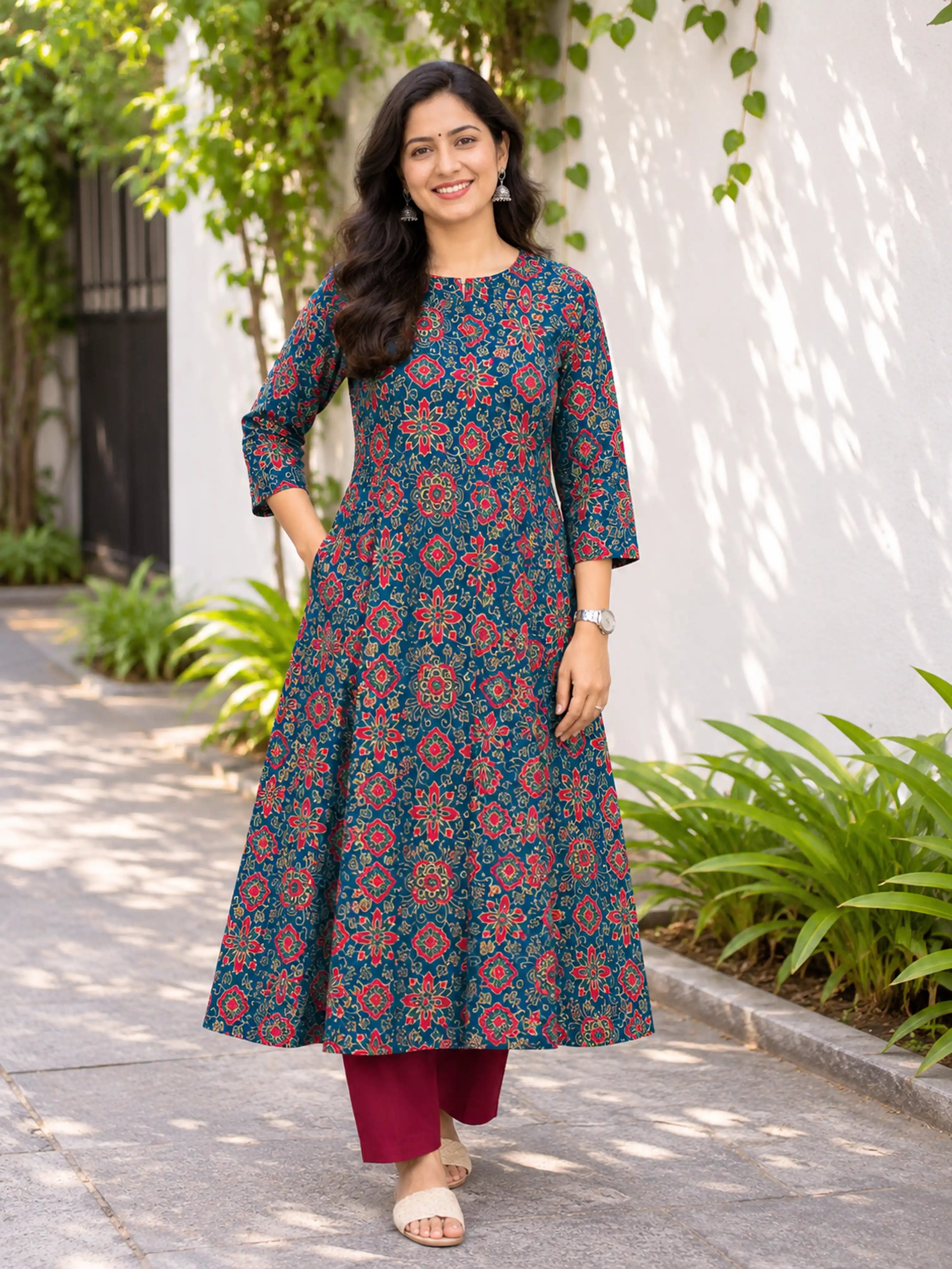 Rang Teal Ajrakh Handblock Printed Cotton A-line Kurta