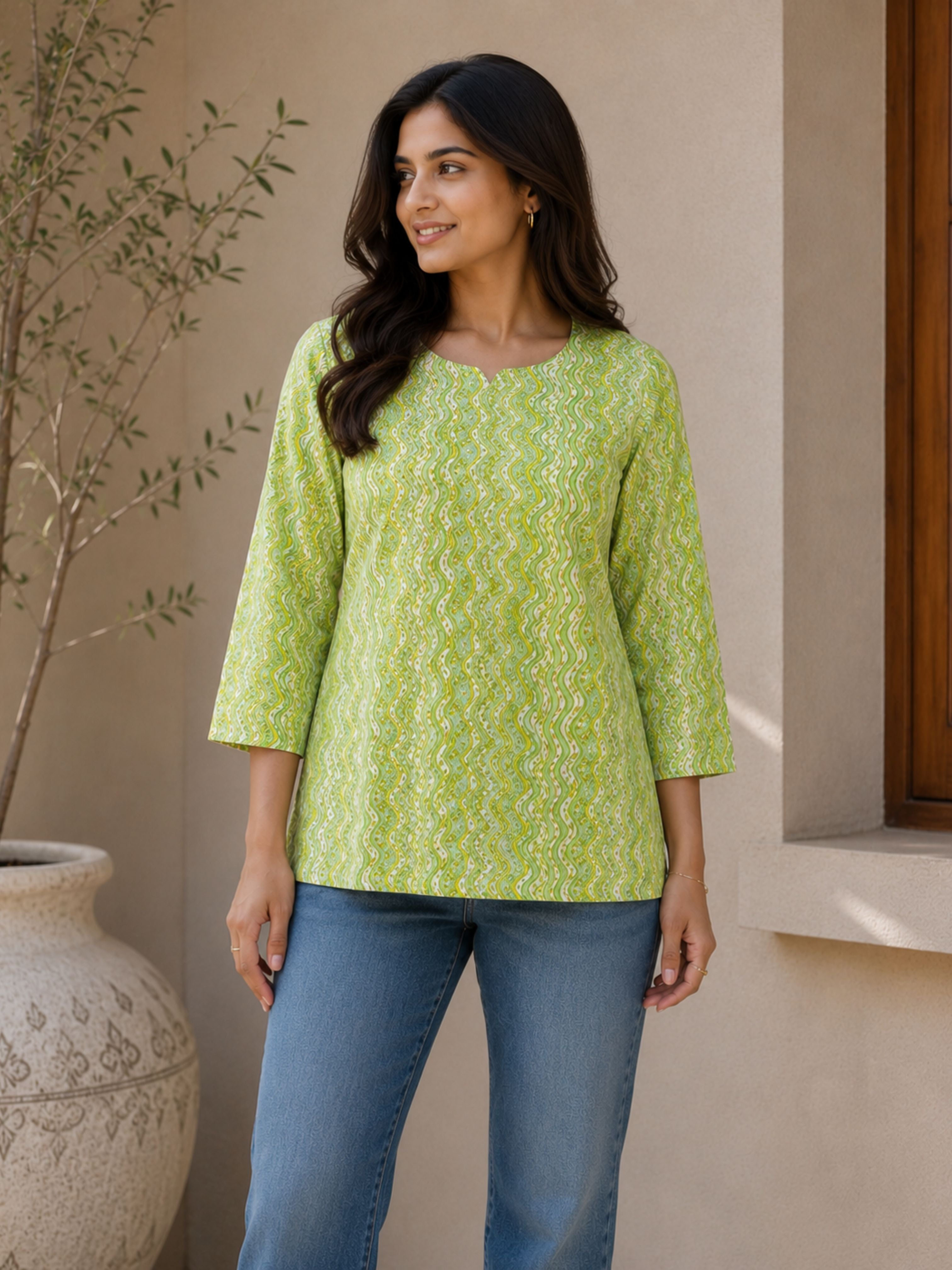 Lime Green Cotton Short Kurta