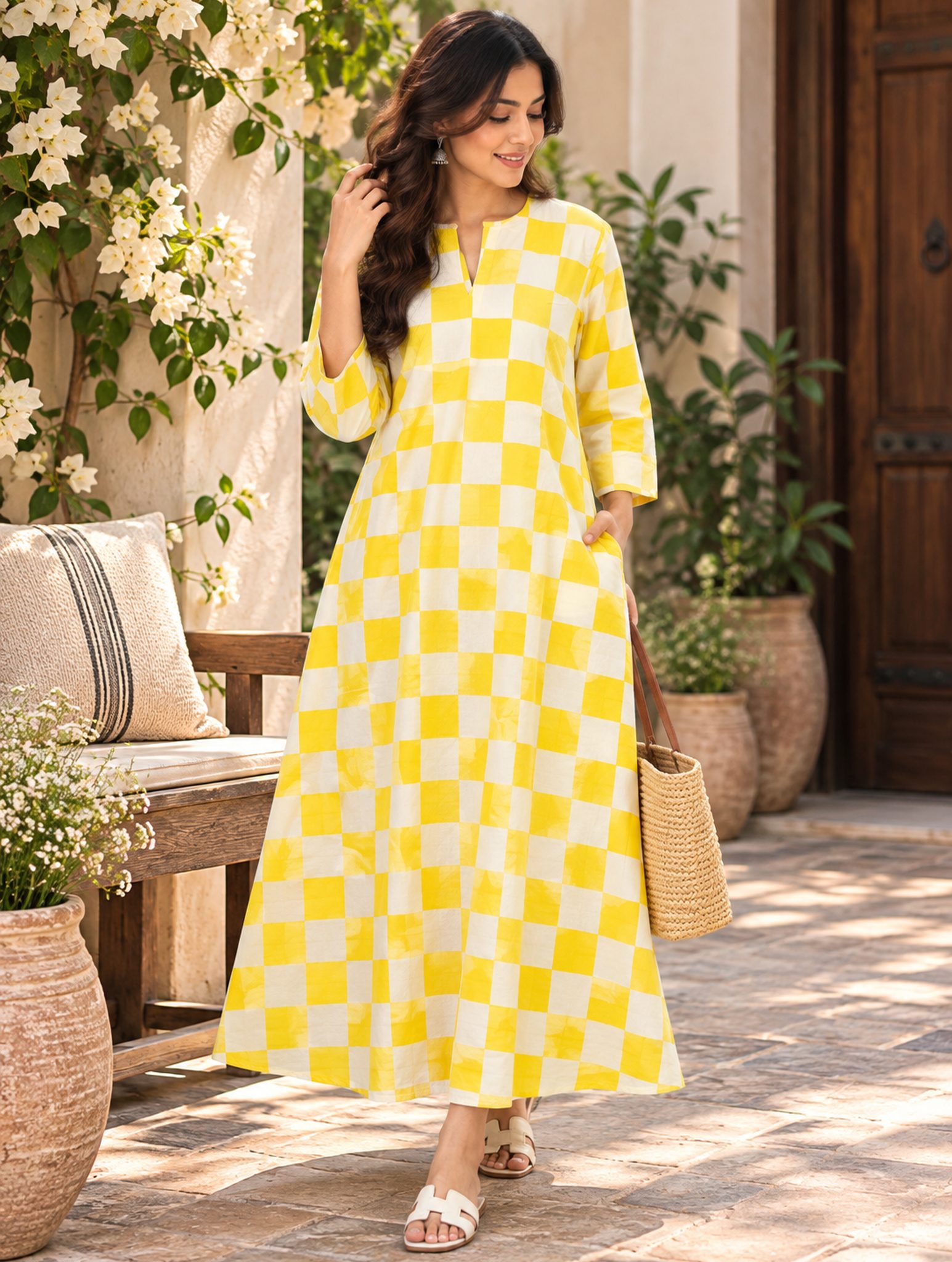 Sunny Yellow Checkered HandBlock Printed A-Line Cotton With Lining