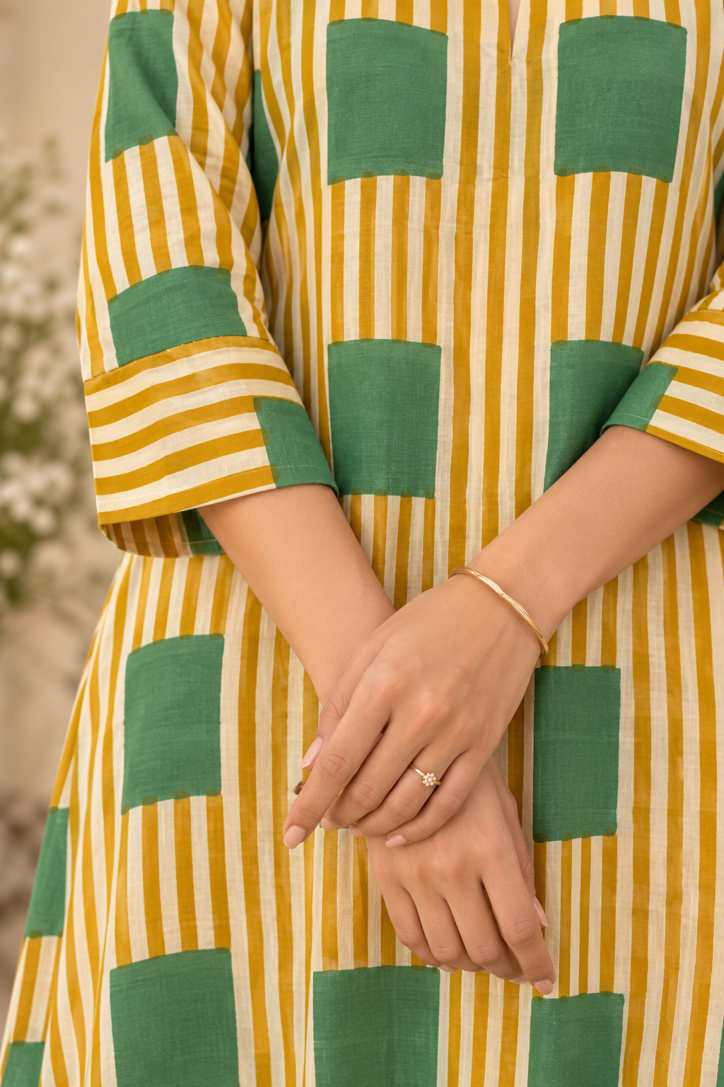 Dhoop Hari - Yellow & Green HandBlock Printed Cotton A-Line Kurta