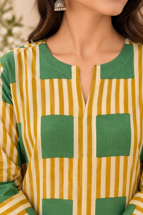 Dhoop Hari - Yellow & Green HandBlock Printed Cotton A-Line Kurta
